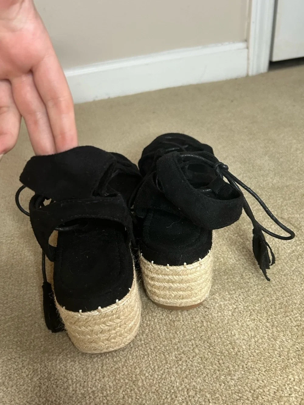 NWOT Black Platform Boho Shoes Lace Up Tie Wedge Sandals With Tassel Size 40
